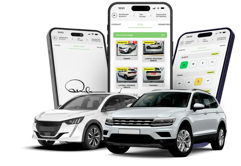Dois carros representando locadora com checklist digital no aplicativo VEXSOFT ao fundo