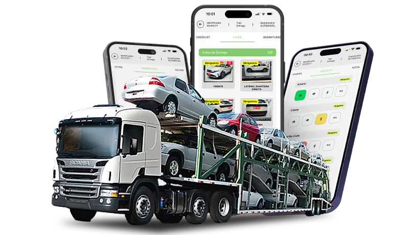 Caminhão de transportadora e veículos com aplicativo VEXSOFT exibido ao fundo