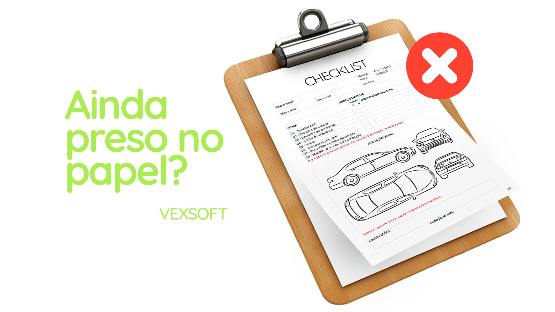 Prancheta com checklist veicular preenchido em papel, representando processo manual