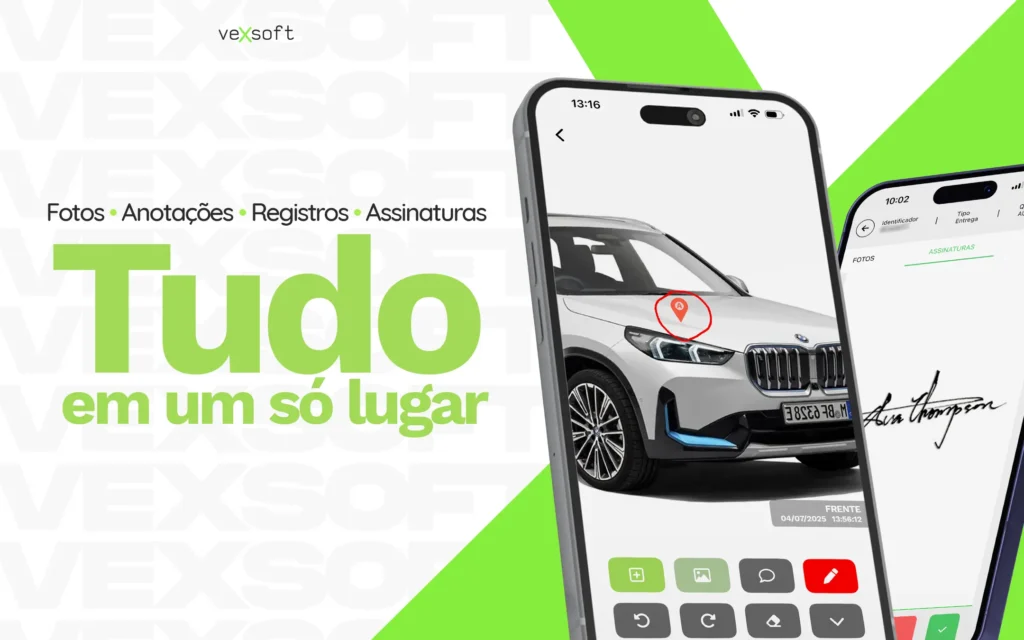 App VEXSOFT com checklist completo no celular: fotos, anotações, registros e assinaturas