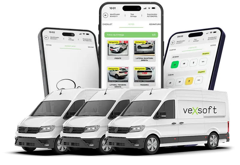 Aplicativo VEXSOFT exibido em celulares com vans ao fundo, representando gestão de frota própria