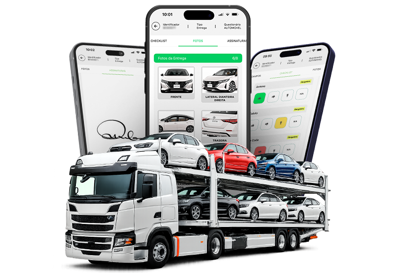 Caminhão de transportadora e veículos com aplicativo VEXSOFT exibido ao fundo