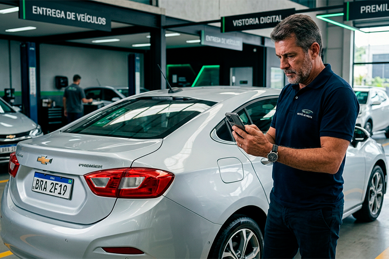 Funcionário de locadora brasileira realizando vistoria digital em um carro prata utilizando smartphone dentro de uma área moderna de entrega de veículos.