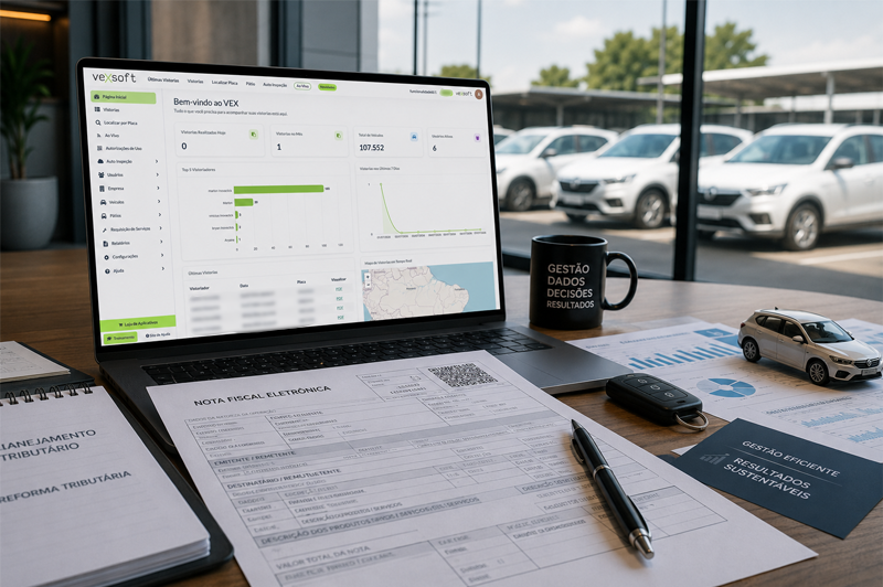 Notebook exibindo o painel da VEXSOFT sobre uma mesa com nota fiscal eletrônica e relatórios financeiros, representando a gestão de locadoras diante da reforma tributária.